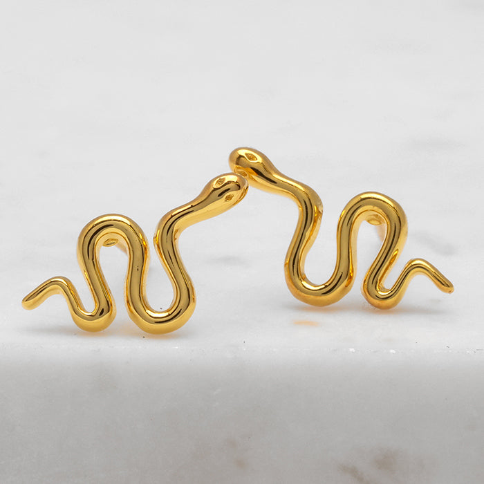 Premium Yellow Gold Vermeil Tree Snake Stud Earrings
