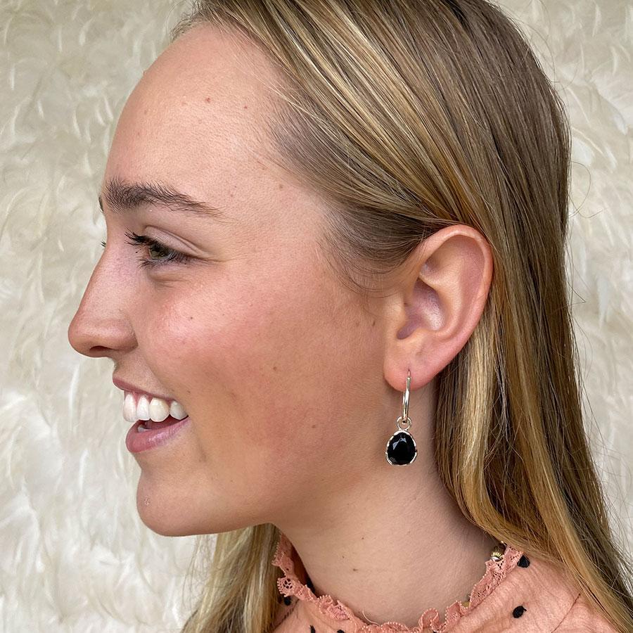 Premium Sterling Silver Hoop Earrings with Black Agate Drop - Medium Size