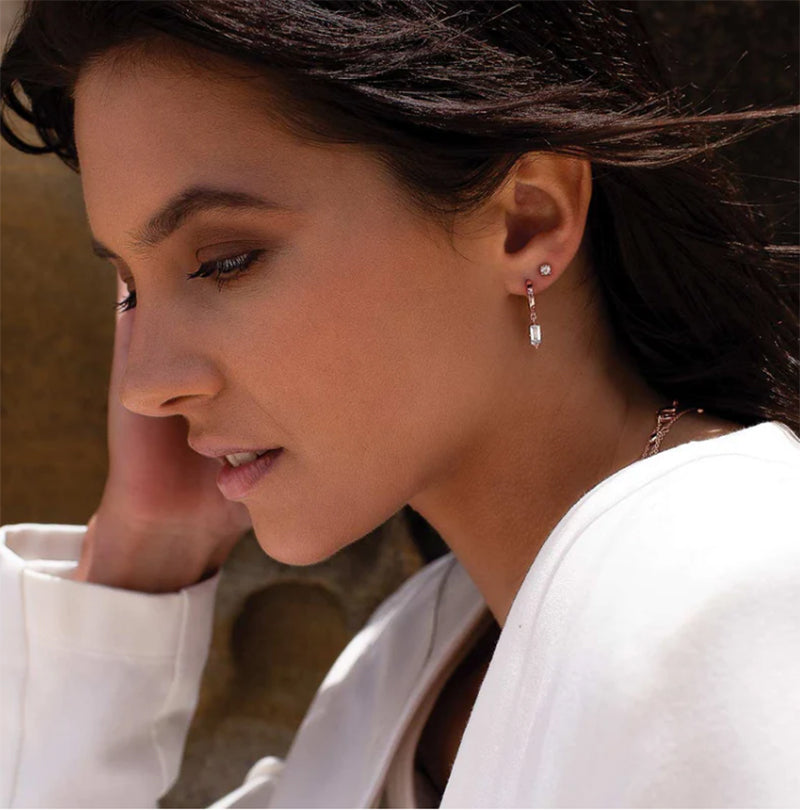 Premium White Topaz Baguette Drop Huggie Earrings
