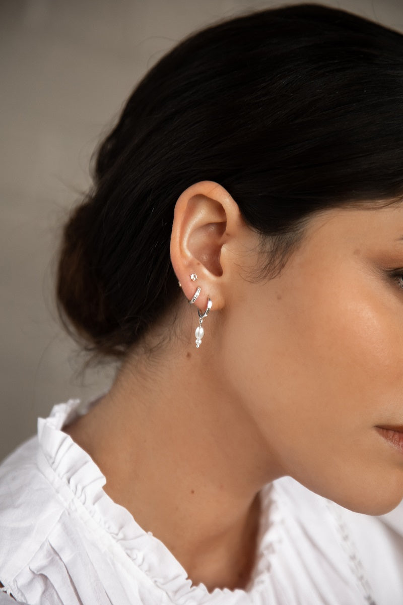 Premium Sterling Silver Huggie Earrings with Double Pearl Drop