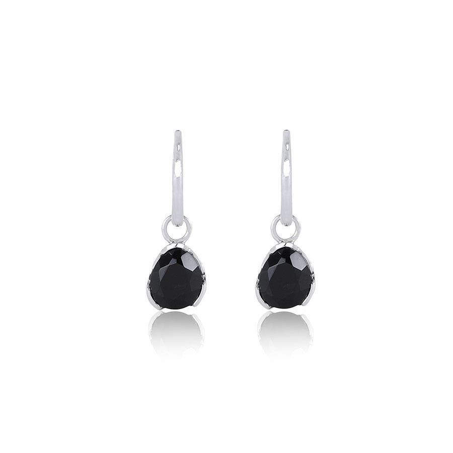 Premium Sterling Silver Hoop Earrings with Black Agate Drop - Medium Size