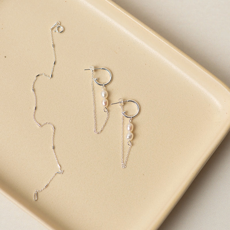 Premium Sterling Silver Hoop Earrings with Pearl Chain Drop