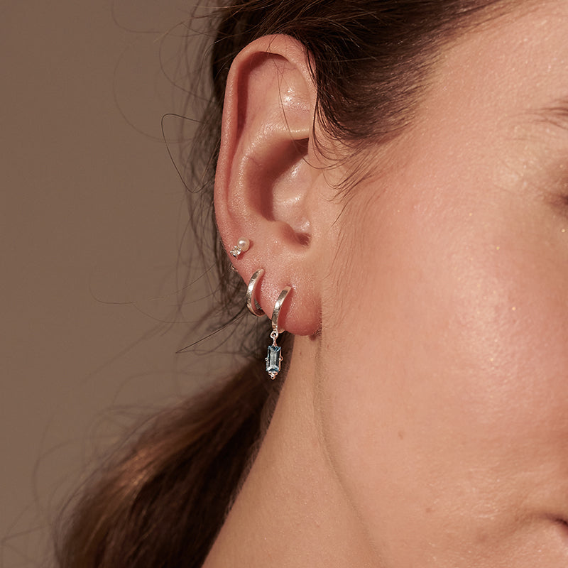 Premium Sterling Silver Swiss Blue Baguette Drop Huggies Earrings