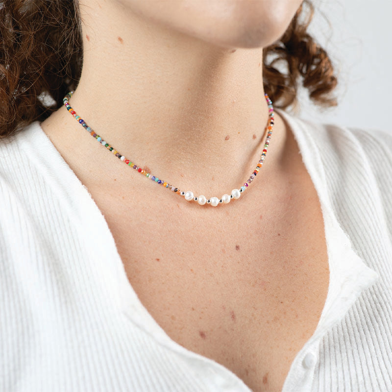 Premium Multi-Colored Pearl Bead Necklace with Sterling Silver