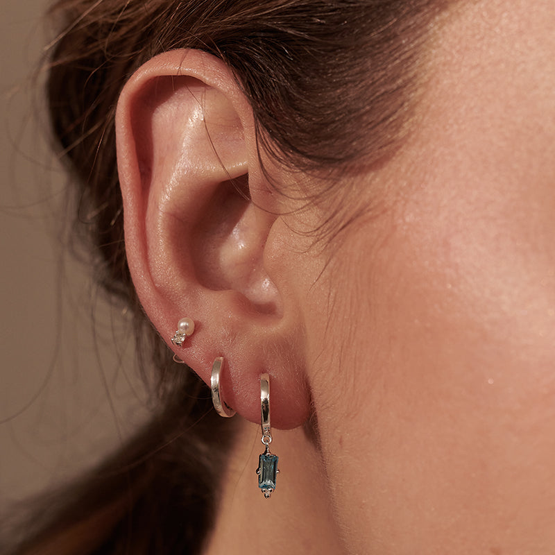 Premium Sterling Silver Swiss Blue Baguette Drop Huggies Earrings