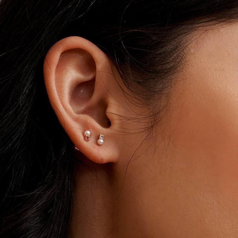 Premium 18K Rose Gold Pearl & White Topaz Stud Earrings