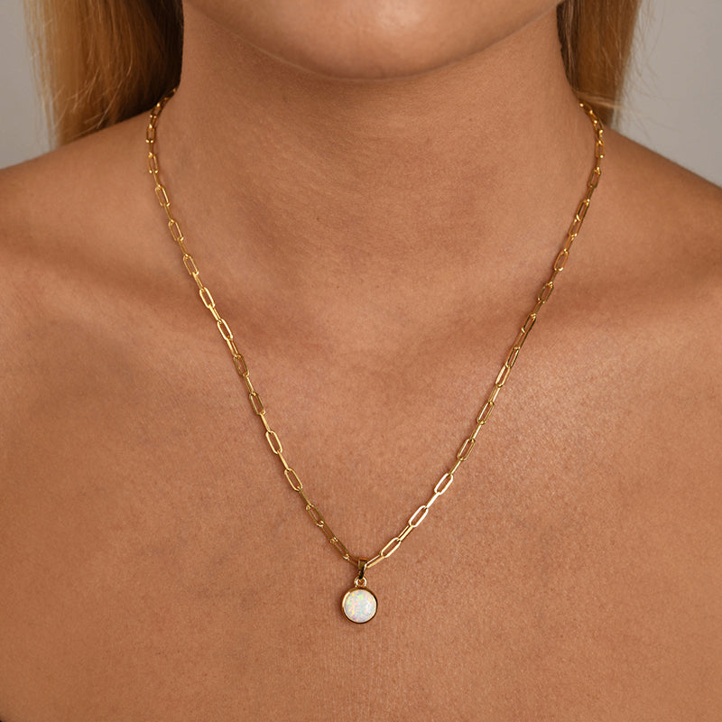 Premium Sterling Silver Clip Chain Necklace with Czelline Opal Pendant
