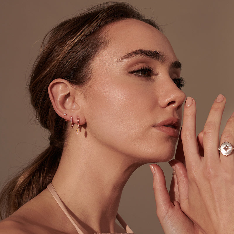 Premium Rose Quartz Drop Huggie Earrings - Rose Gold Plated
